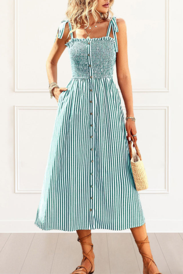 Diana Midi Dress Striped Front Buttons Shoulder Straps - Onze Montreal Blue / S Sold by Ô-MARCHÉ Seller