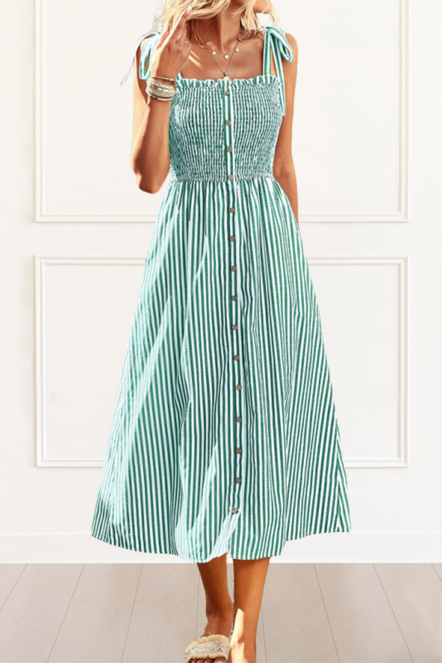 Diana Midi Dress Striped Front Buttons Shoulder Straps - Onze Montreal Blue / S Sold by Ô-MARCHÉ Seller