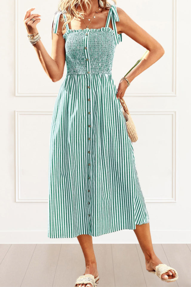 Diana Midi Dress Striped Front Buttons Shoulder Straps - Onze Montreal Blue / S Sold by Ô-MARCHÉ Seller