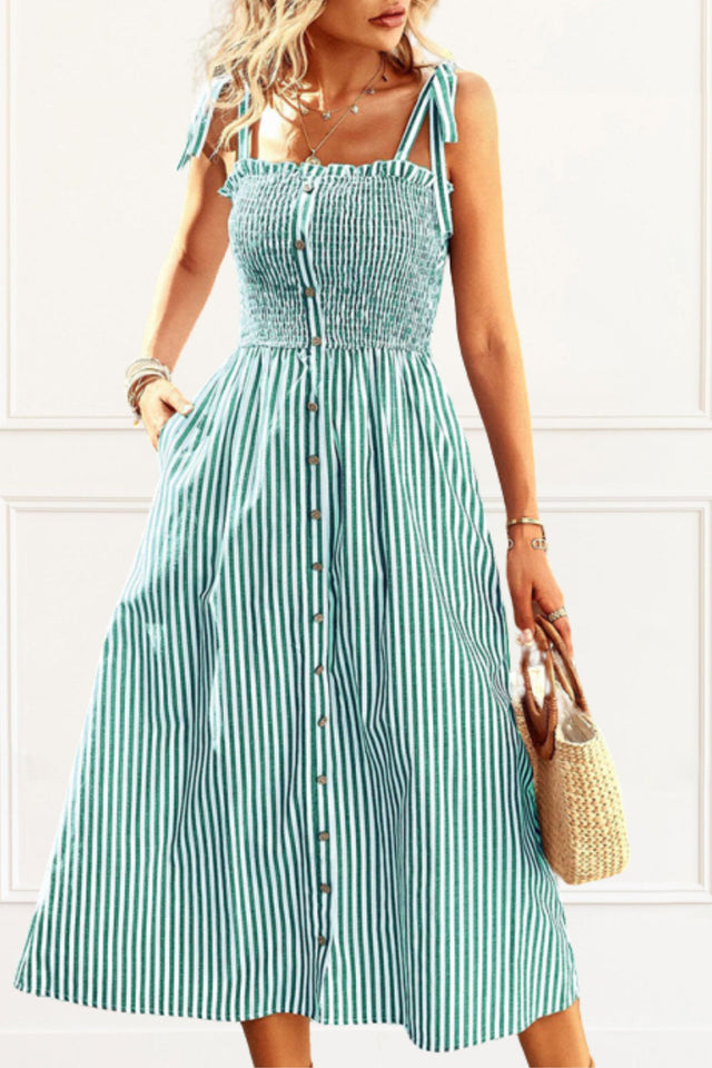 Diana Midi Dress Striped Front Buttons Shoulder Straps - Onze Montreal Blue / S Sold by Ô-MARCHÉ Seller