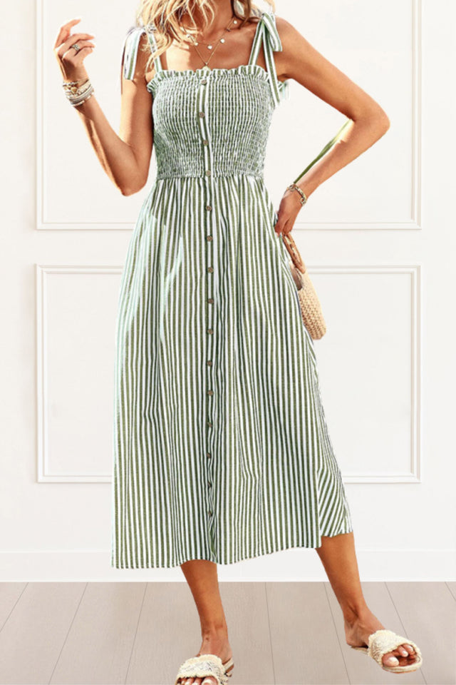 Diana Midi Dress Striped Front Buttons Shoulder Straps - Onze Montreal Blue / S Sold by Ô-MARCHÉ Seller