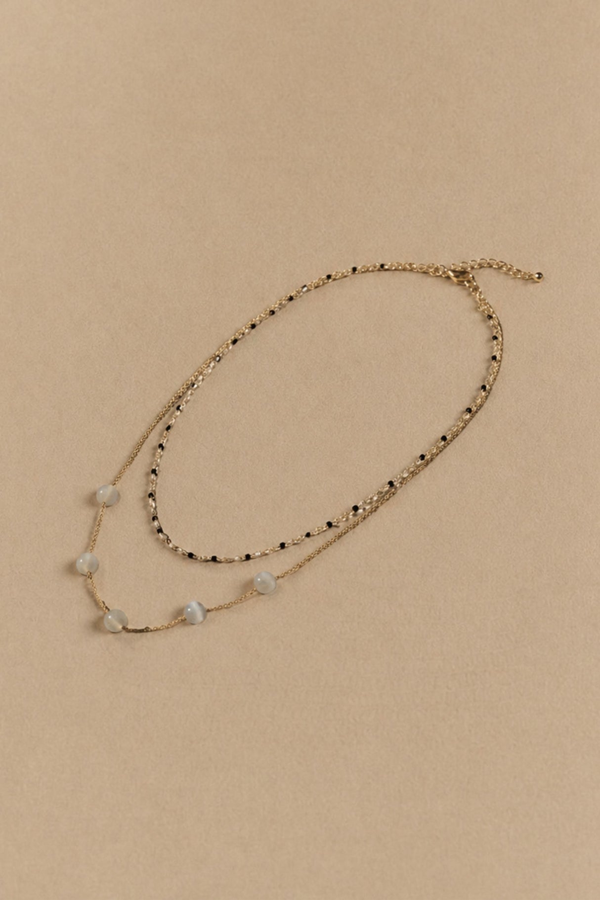 Double Chain Necklace Grey Stone Beads