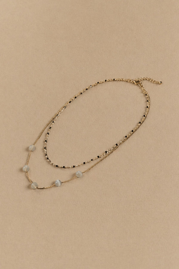 Double Chain Necklace Grey Stone Beads