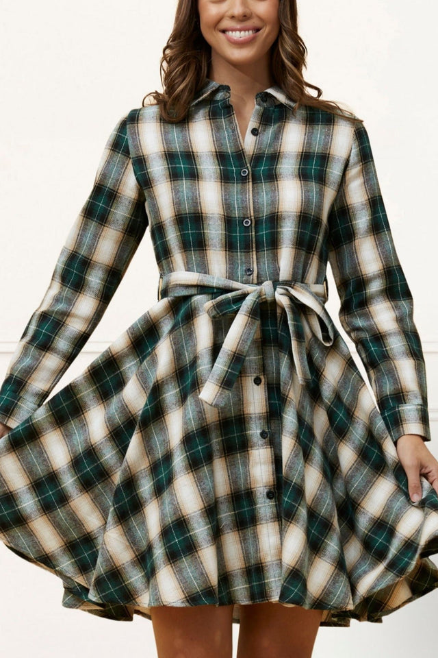 Fiona Shirt Dress Waist Tie Plaid Print Green