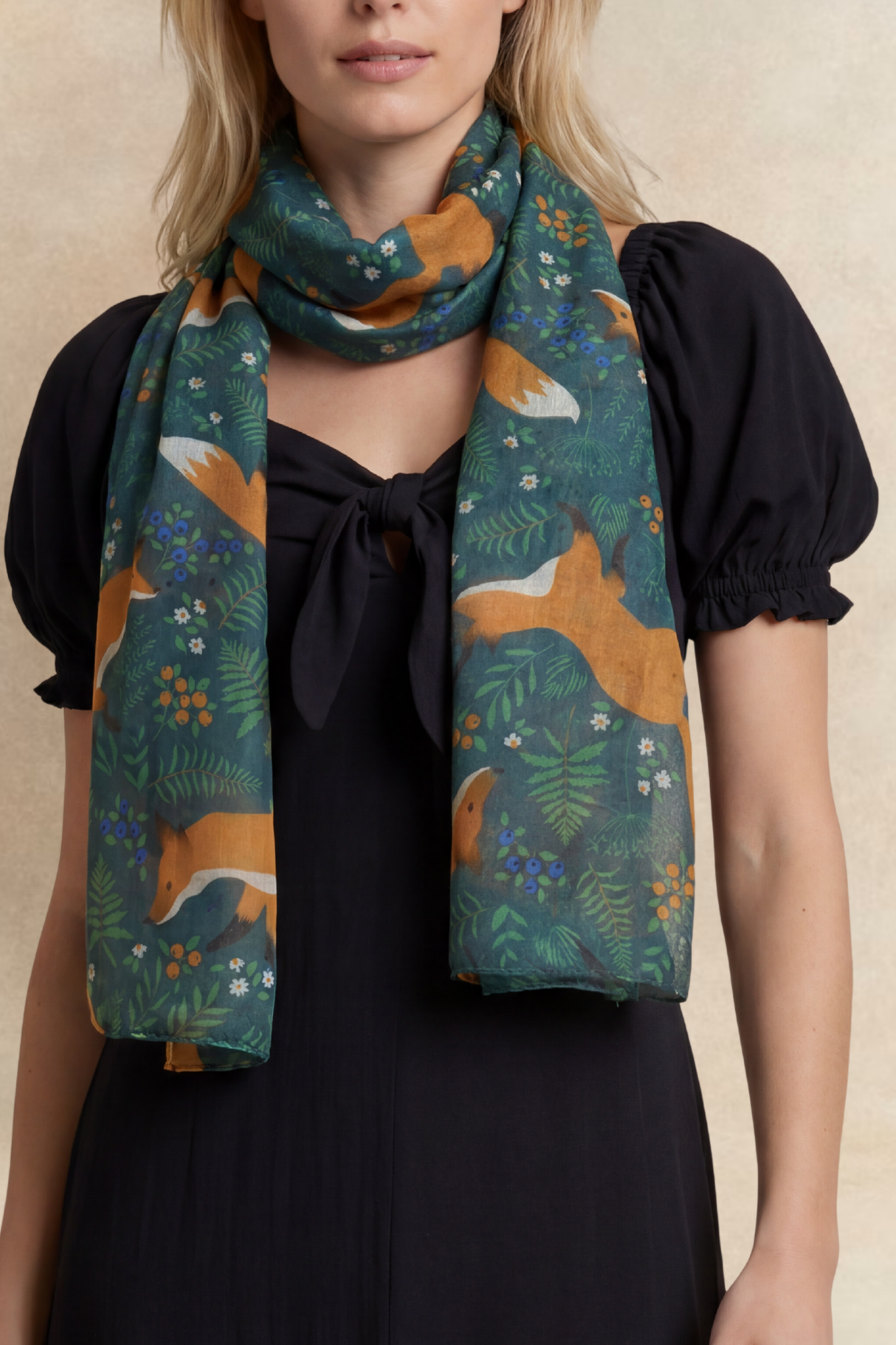 Foulard Renards Fleurs Vert