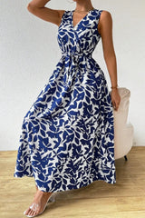 Georgia Robe Maxi Imprimé Feuille Taille à Nouer Sans Manches