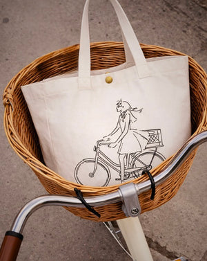 Girl On Bicycle Illustration Canvas Tote Bag