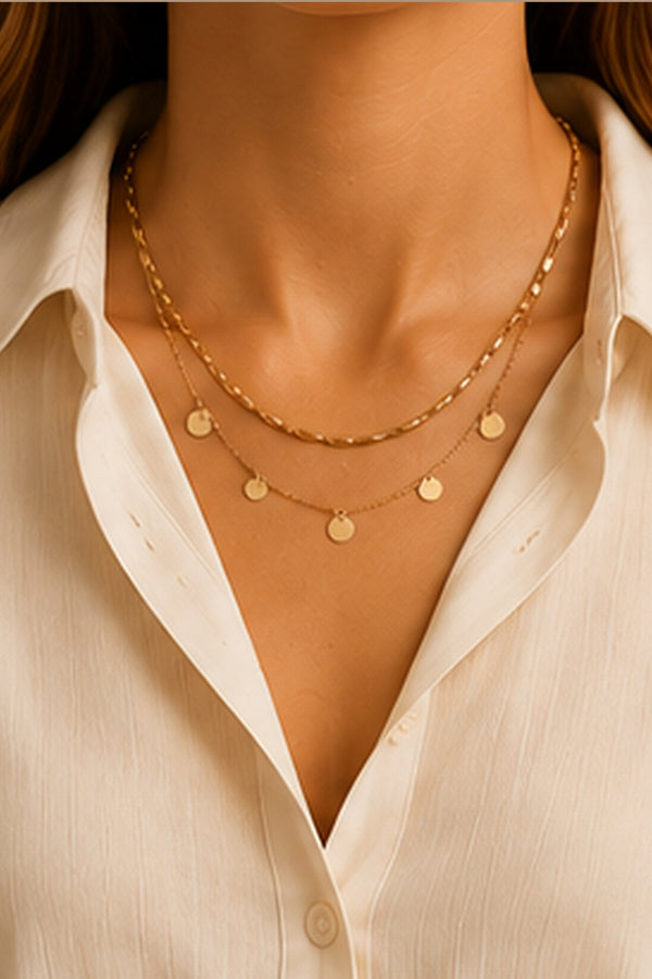 Gold-Tone Double-Layer Disc Necklace styled with a classic ivory button-down shirt