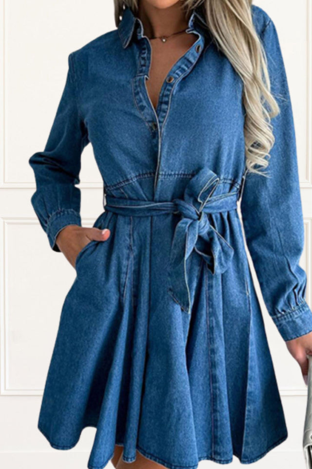 Gracie Mini Dress Shirt Denim Long Sleeves - Onze Montreal Blue / S Sold by Ô-MARCHÉ Seller