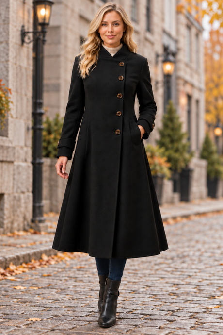 Harper Retro Flared Coat Side Buttons Elegant
