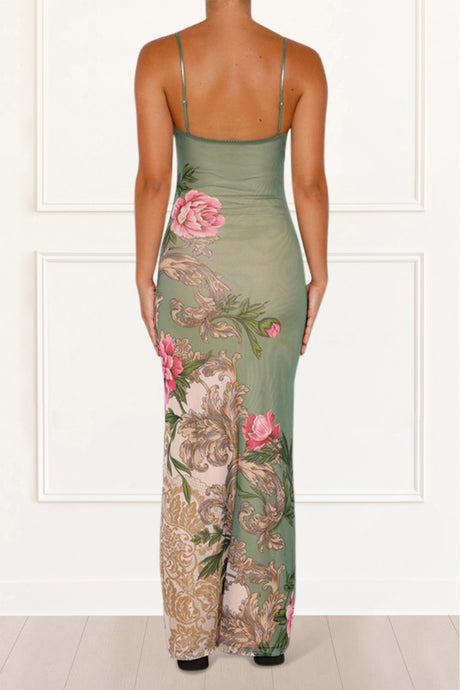 Isolde Maxi Dress Bodycon Floral Print Green