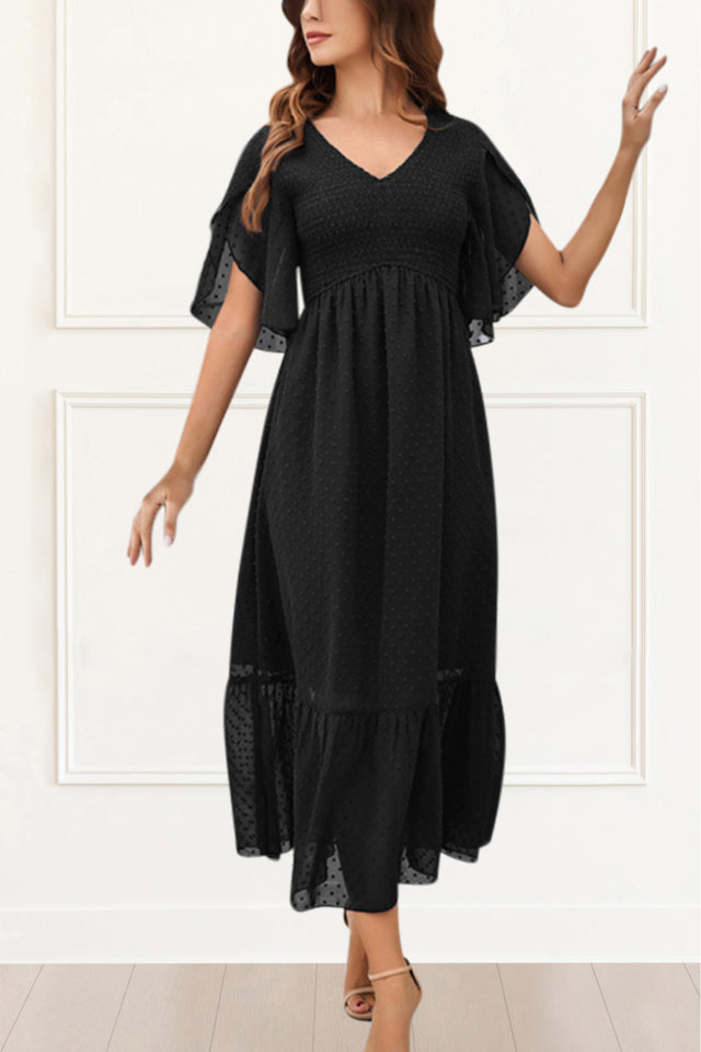 Kaya Midi Dress V Neck Petal Sleeve Solid