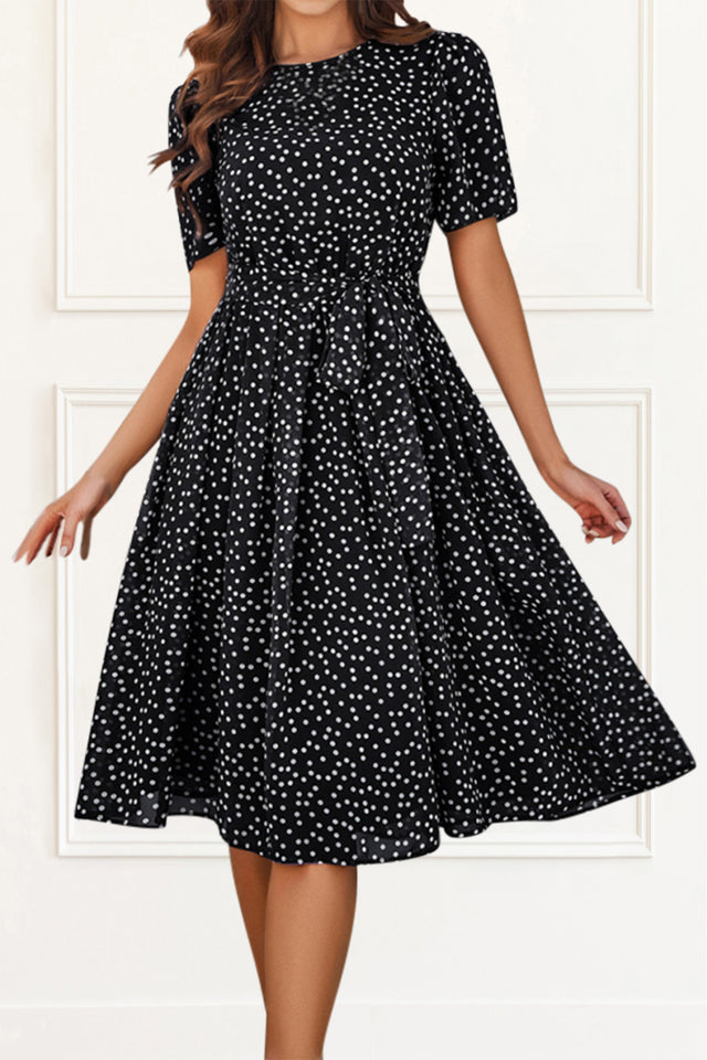 Liora Dress Fit & Flare Polka Dot Print Waist Tie