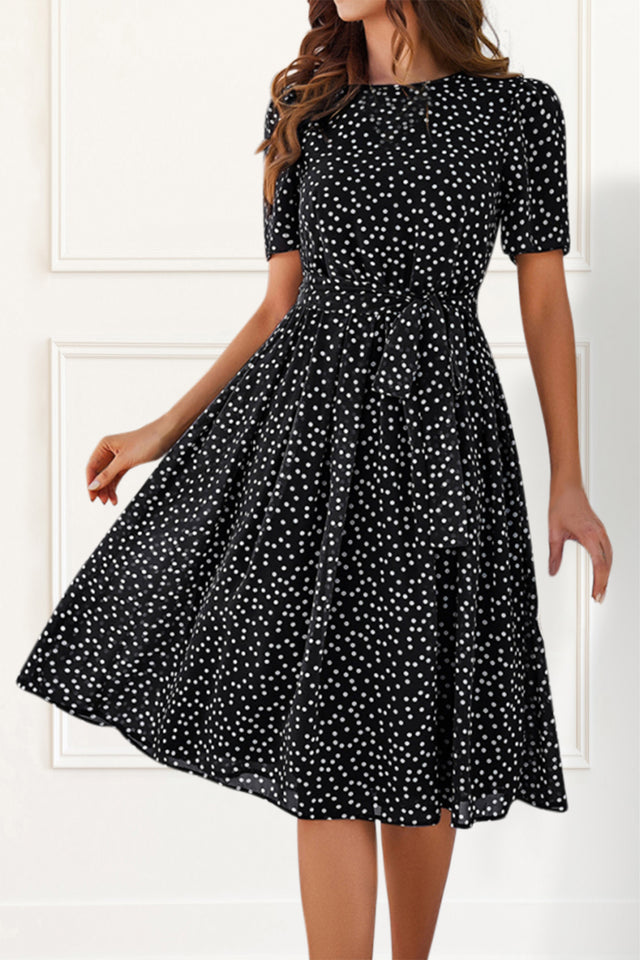 Liora Dress Fit & Flare Polka Dot Print Waist Tie