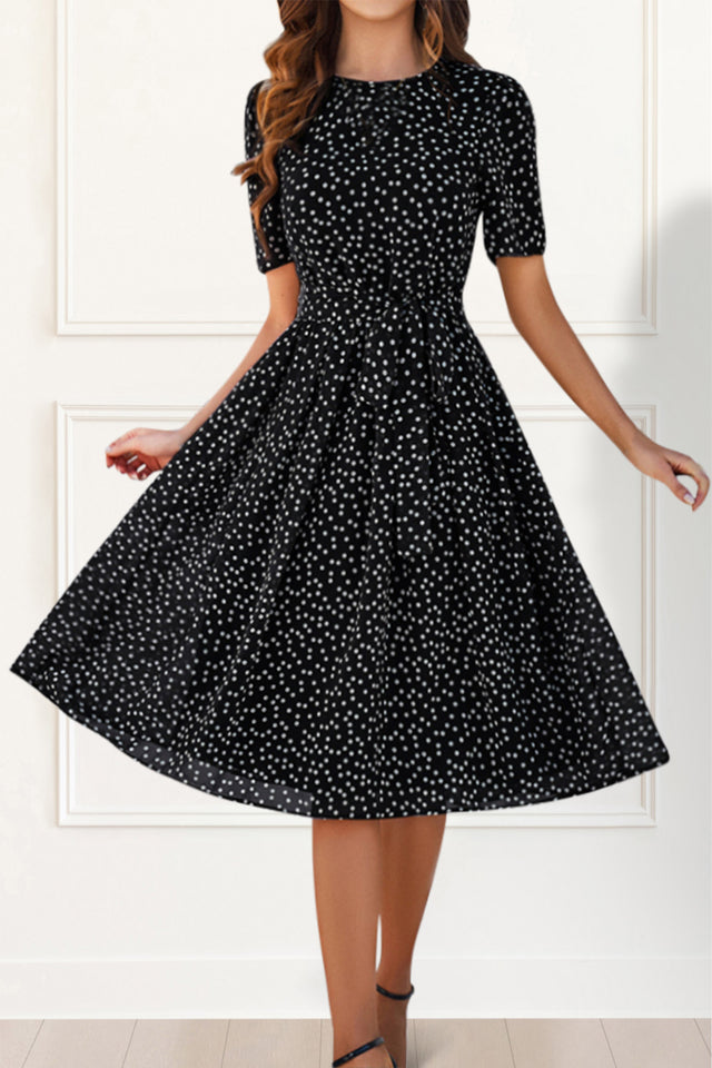 Liora Dress Fit & Flare Polka Dot Print Waist Tie