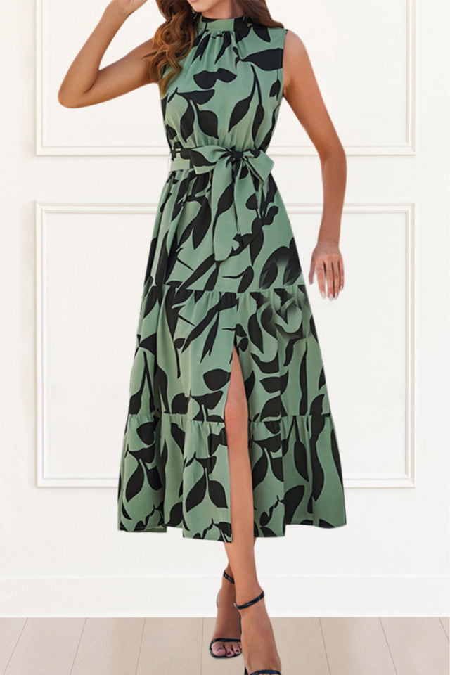 Arissa Midi Dress Sleeveless Waist Tie Printed Green