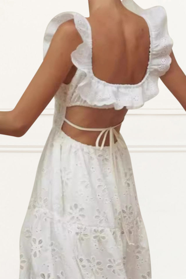 Solene Maxi Dress Embroidery Hollow Suspender White