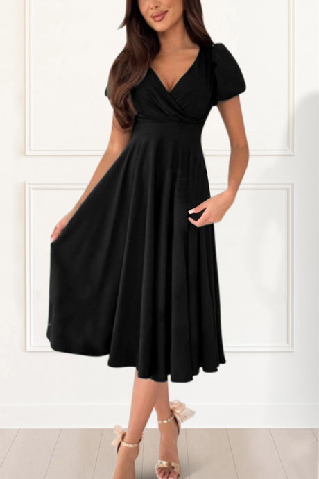 Elowen Midi Dress Fit & Flare V Neck Solid Color