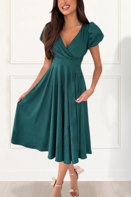 Elowen Midi Dress Fit & Flare V Neck Solid Color