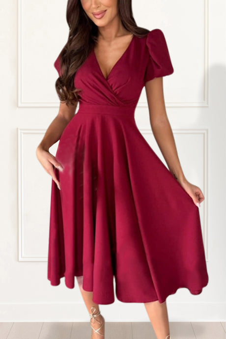 Elowen Midi Dress Fit & Flare V Neck Solid Color