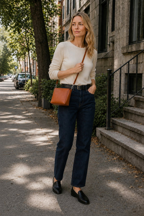 Blonde size-small model wearing the removable Jaime 2-in-1 crossbody purse in camel brown