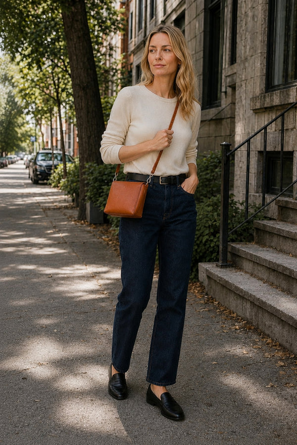 Blonde size-small model wearing the removable Jaime 2-in-1 crossbody purse in camel brown