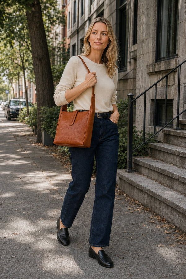 Blonde size-small model wearing the Jaime 2-in-1 Hobo Bag in camel brown outdoors