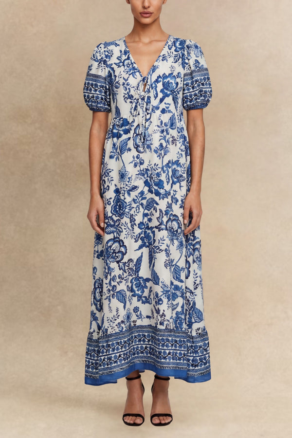 Josiane Robe Maxi Nouer Motif Fleurs Bleues