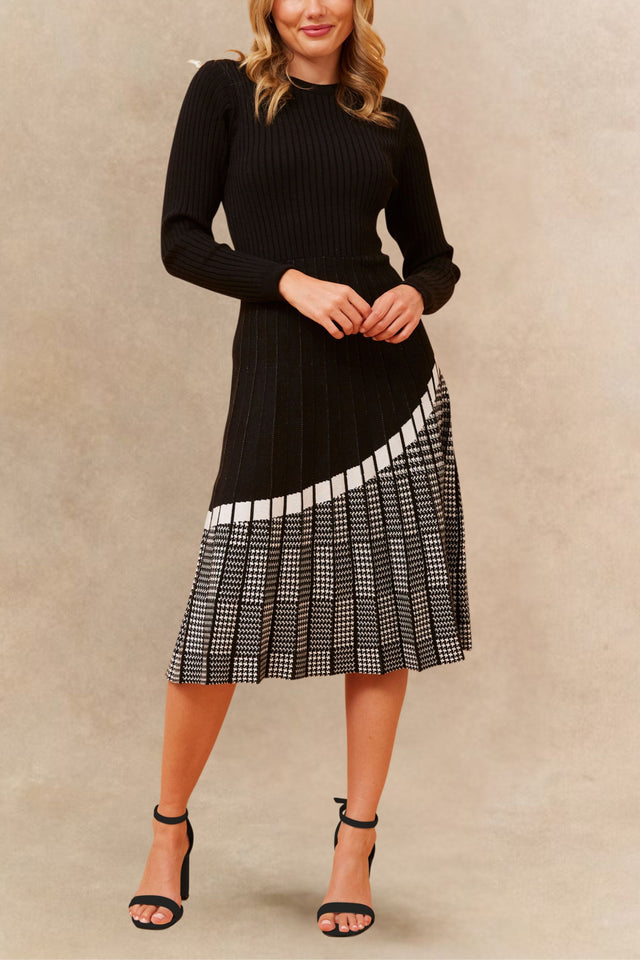 Leslie Elegant Knit Midi Dress Long Sleeve Round Neck Pleated Skirt