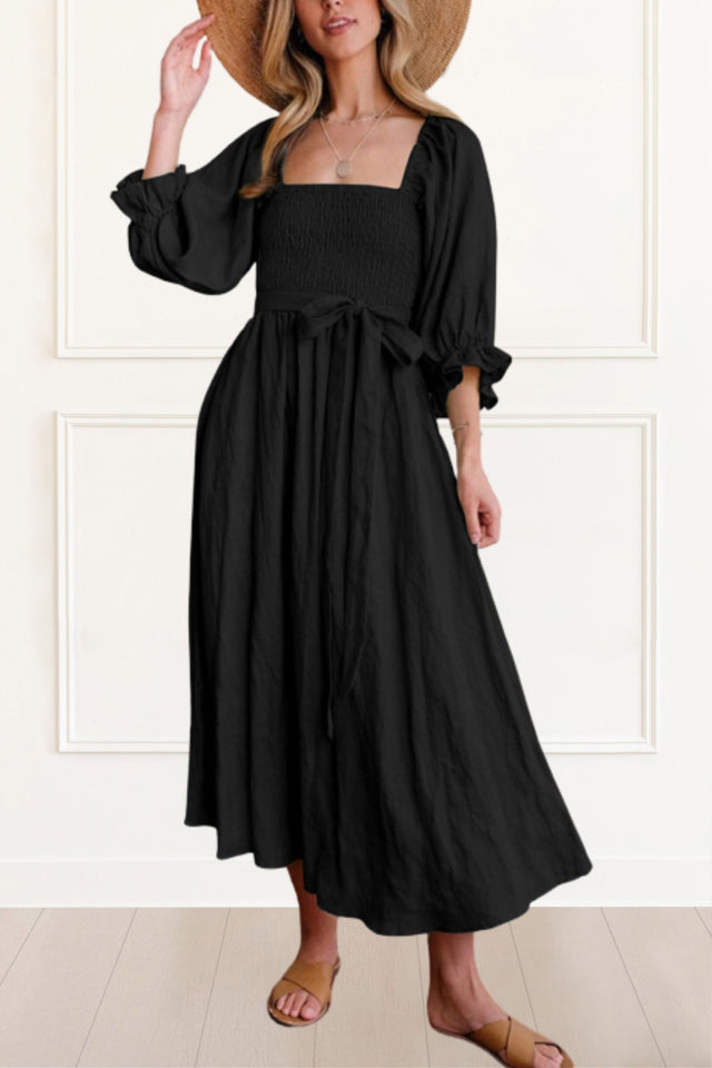 Lola Robe Maxi Nid D'Abeille Ceinture Uni Manches à Poignets