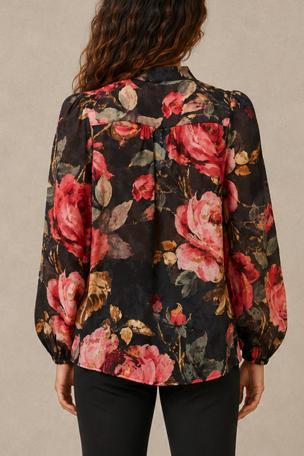Makenzie black floral blouse, back view with gathered yoke
