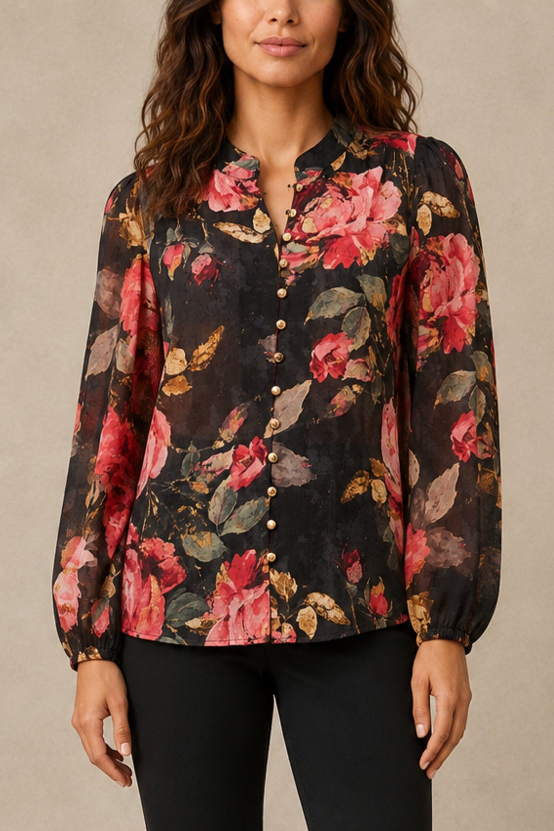 Makenzie black floral gold-button blouse on Yasmine, front view