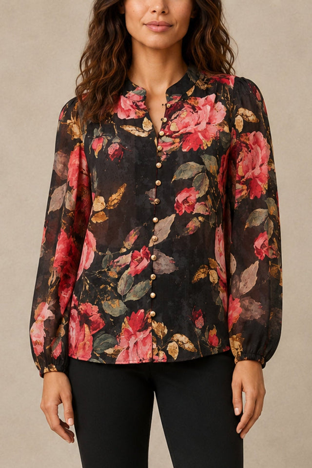 Makenzie black floral gold-button blouse on Yasmine, front view