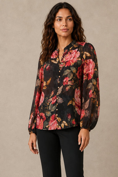 Makenzie black floral gold-button blouse, three-quarter studio view