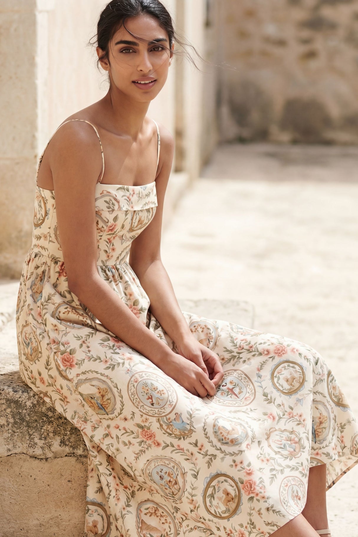 Margareth Robe Midi Bretelles Fines Imprimé Floral 