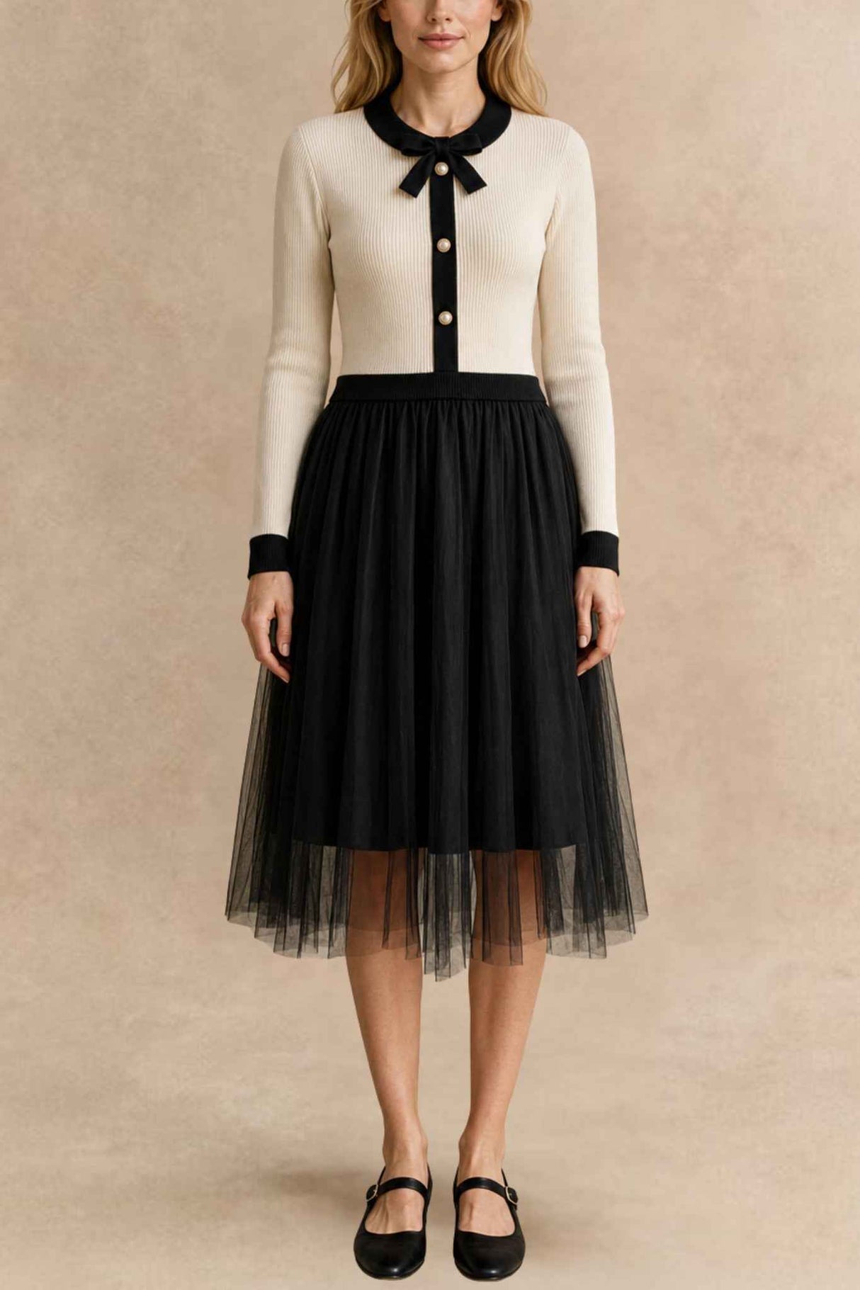 Robe Mélina midi ivoire en tricot et tulle noir vue de face