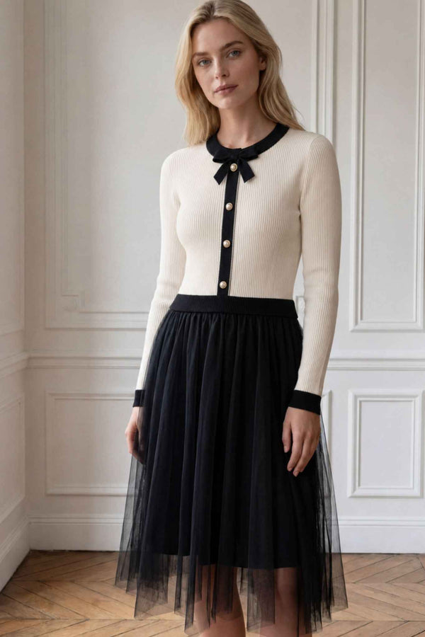 Détail du corsage ivoire et de la jupe noire en tulle de la robe Mélina