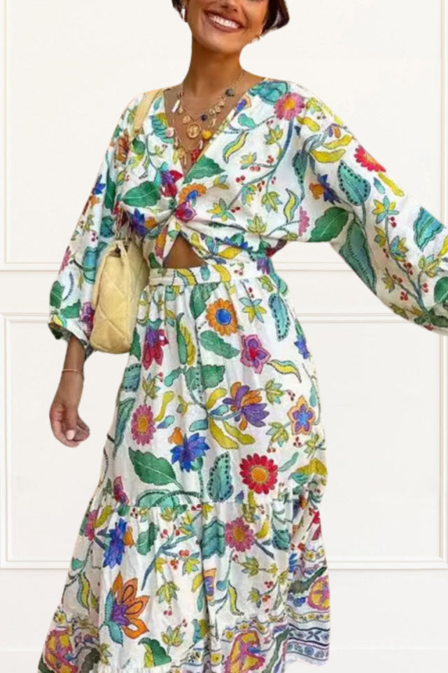 Nancy Midi Boho Dress Floral Print V-Neck - Onze Montreal White / S Sold by Ô-MARCHÉ Seller