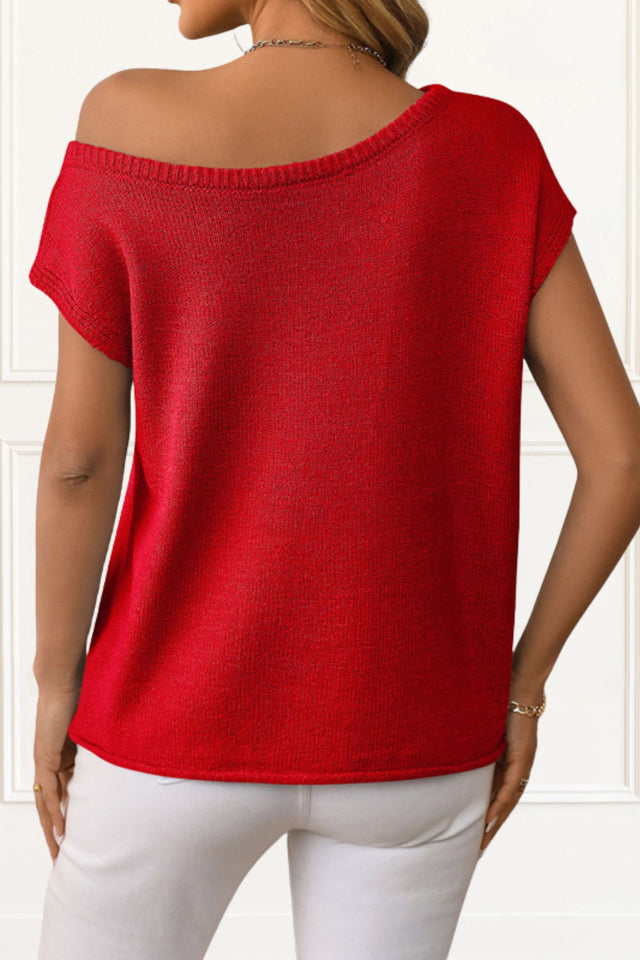 Nina Pullover Sweater Off Shoulder Short Sleeves Solid - Onze Montreal Red / S Sold by Ô-MARCHÉ Seller