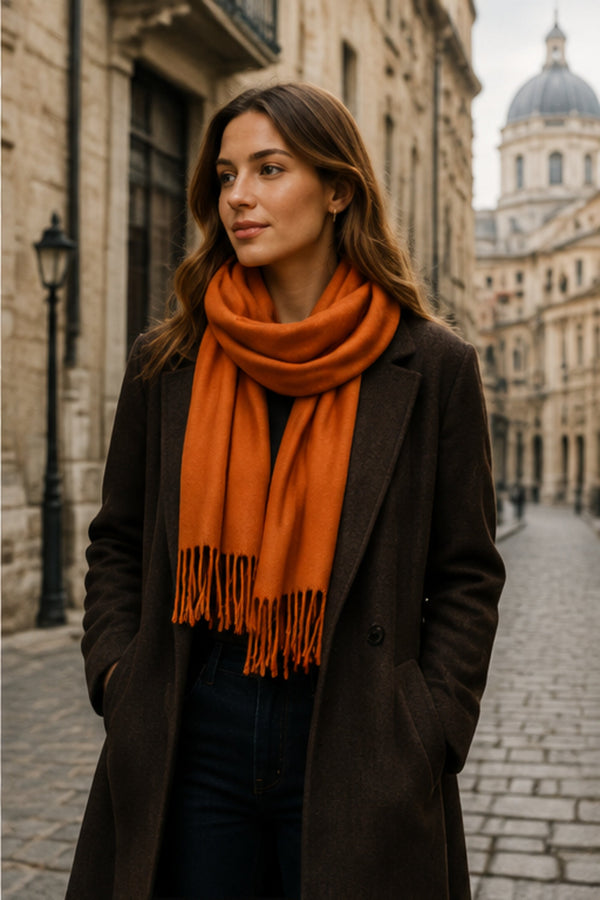 Foulard orange à franges – présentation dans le Vieux-Montréal