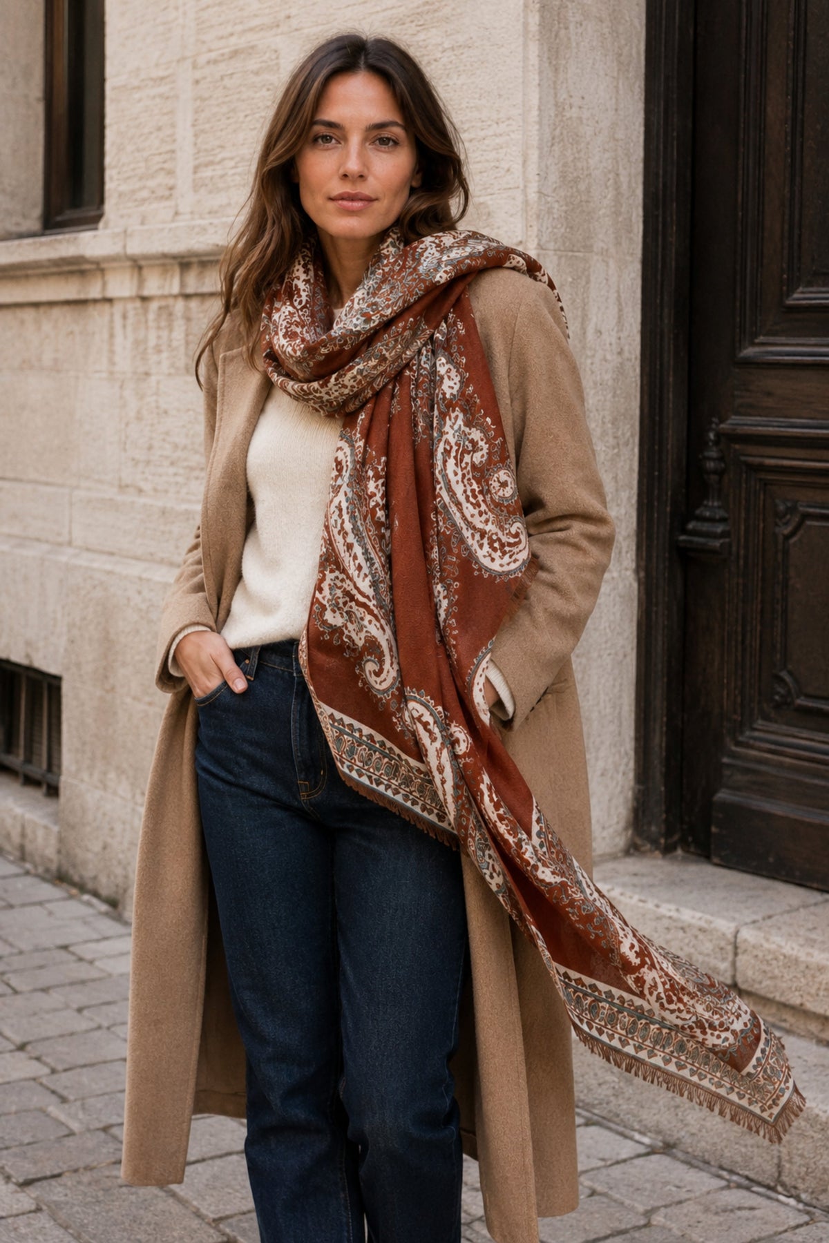 Rust-brown paisley fringe scarf styled in Old Montréal