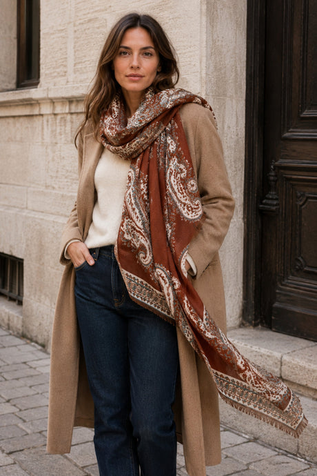 Rust-brown paisley fringe scarf styled in Old Montréal