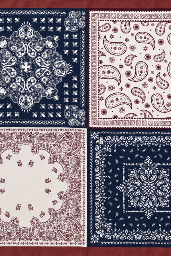 Flatlay of patchwork paisley square scarf in navy, ivory and burgundy
