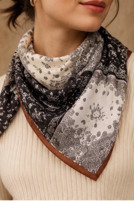 Neutral Patchwork Square Scarf styled for an ONZE studio cover
