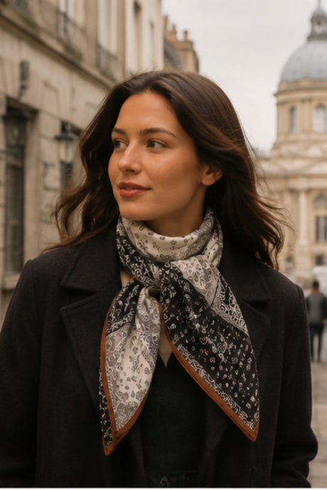 Neutral Patchwork Square Scarf worn in Old Montréal