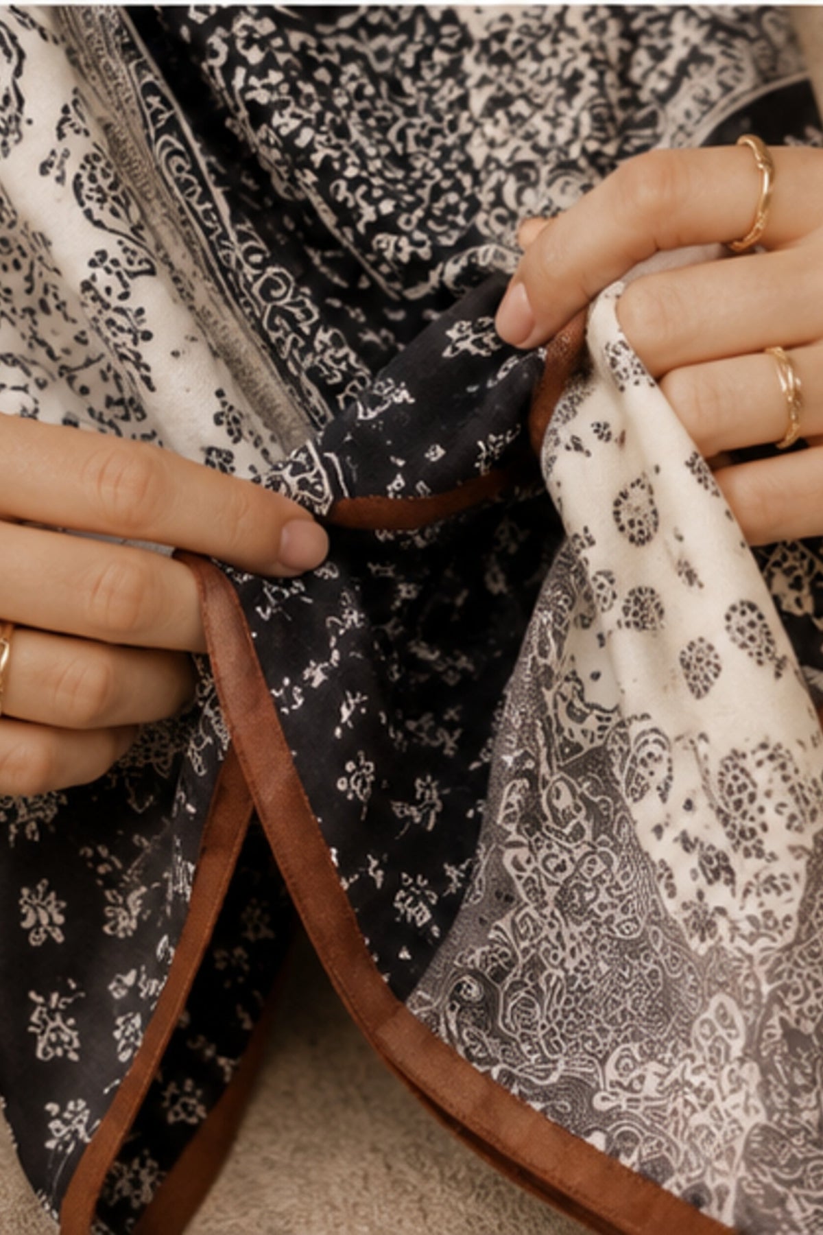 Close-up detail of Neutral Patchwork Square Scarf