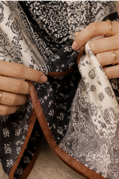 Close-up detail of Neutral Patchwork Square Scarf