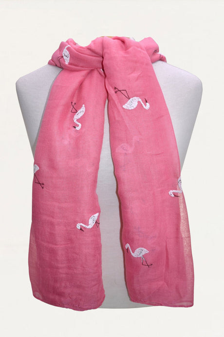 Scarf Pink Flamingos Emboidered White - Onze Montreal Pink Onze Montreal