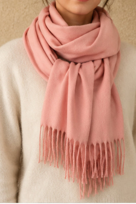 Powder Pink Fringe Scarf styled for an ONZE studio cover
