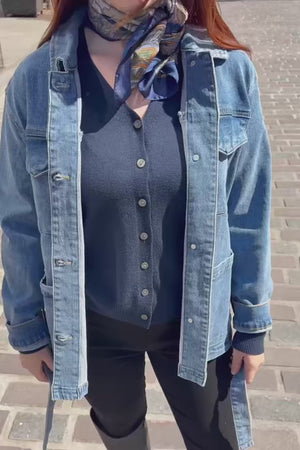 Sabrina Women's Belted Jean Jacquard Jacket With Pockets